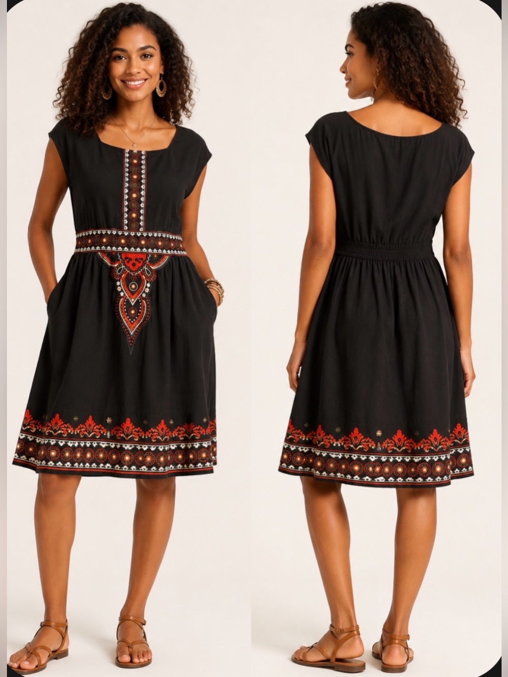 Black Embroidered Boho Mexican Peasant Tribal Electric Women’s Dress Medium